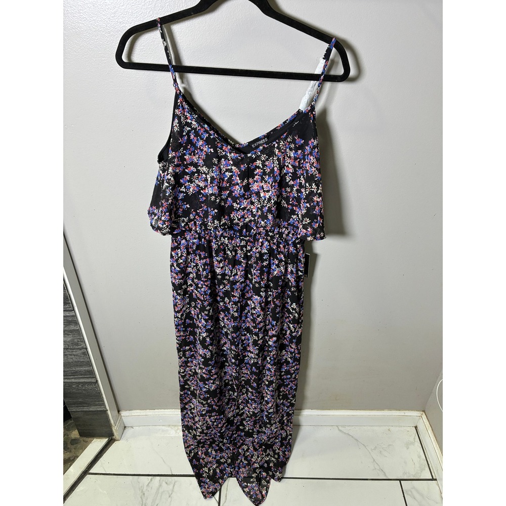 Express Floral Maxi Dress Womens Large Black Blue Ditsy Print Popover Boho NWT